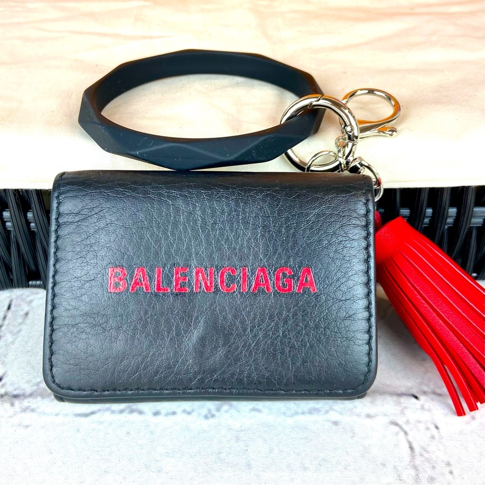 BALENCIAGA Wallet black leather compact wristlet keychain NICE!